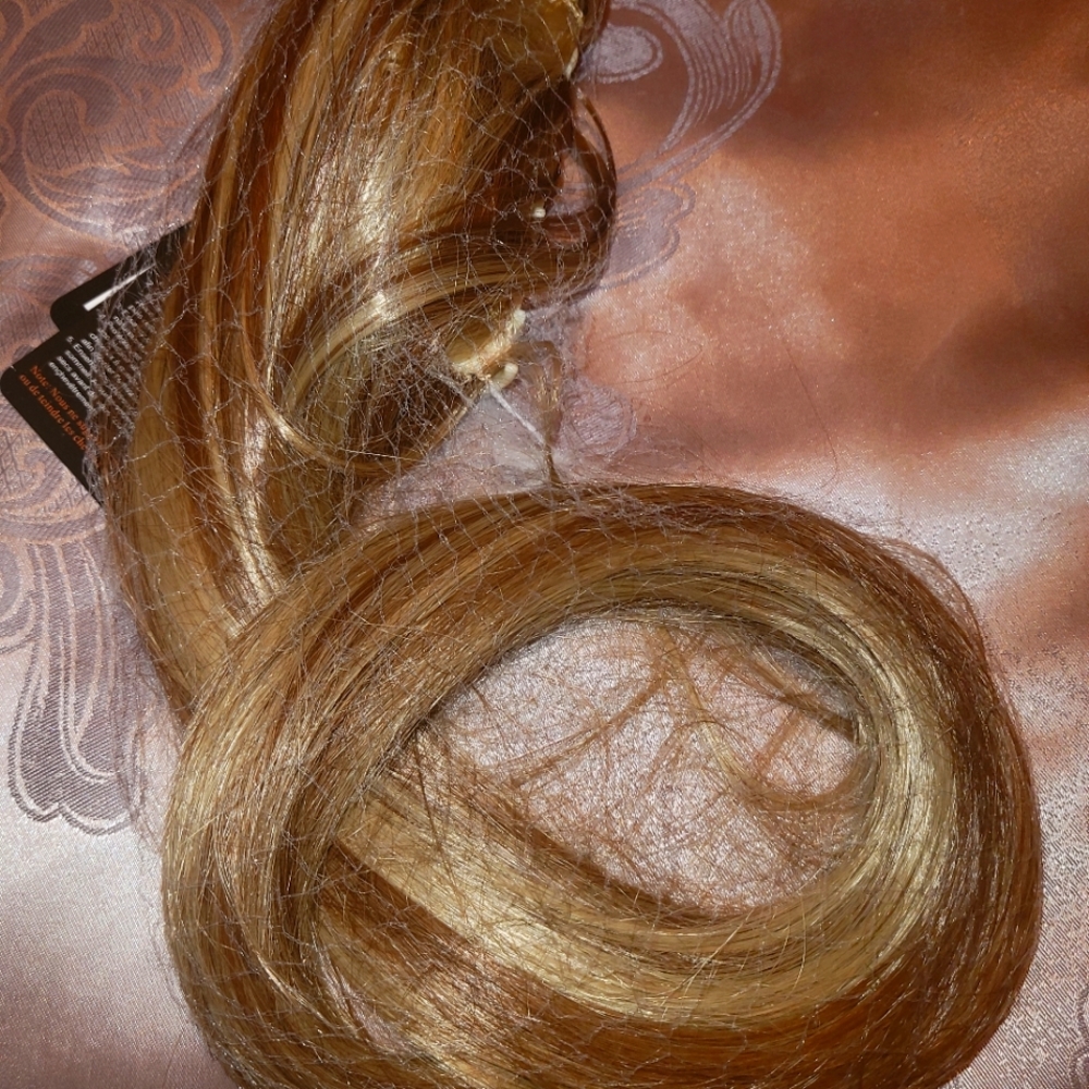 Long clip on pony tail in a honey blonde with highlights 18" inches long.